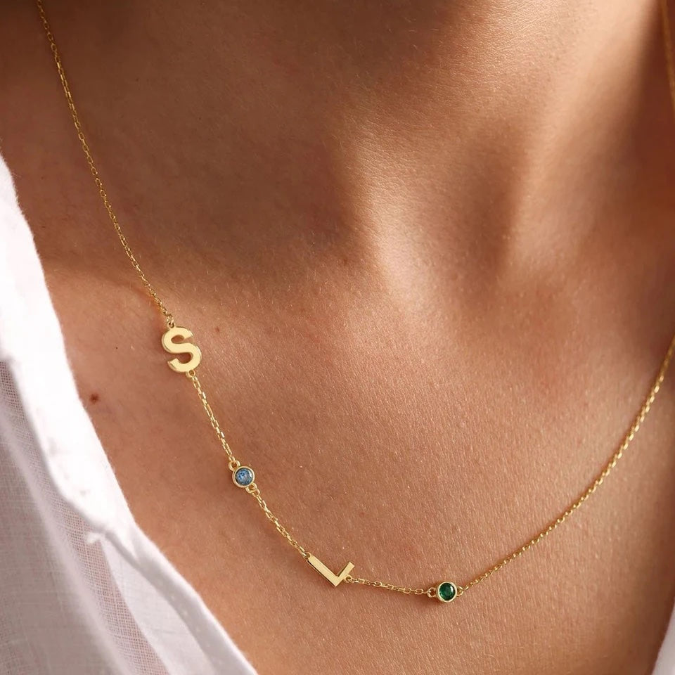 Custom Sideway Initial Birthstone Necklace