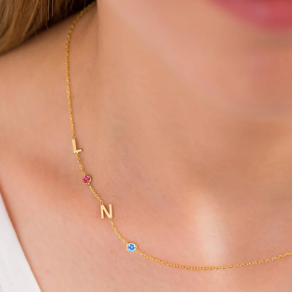 Custom Sideway Initial Birthstone Necklace