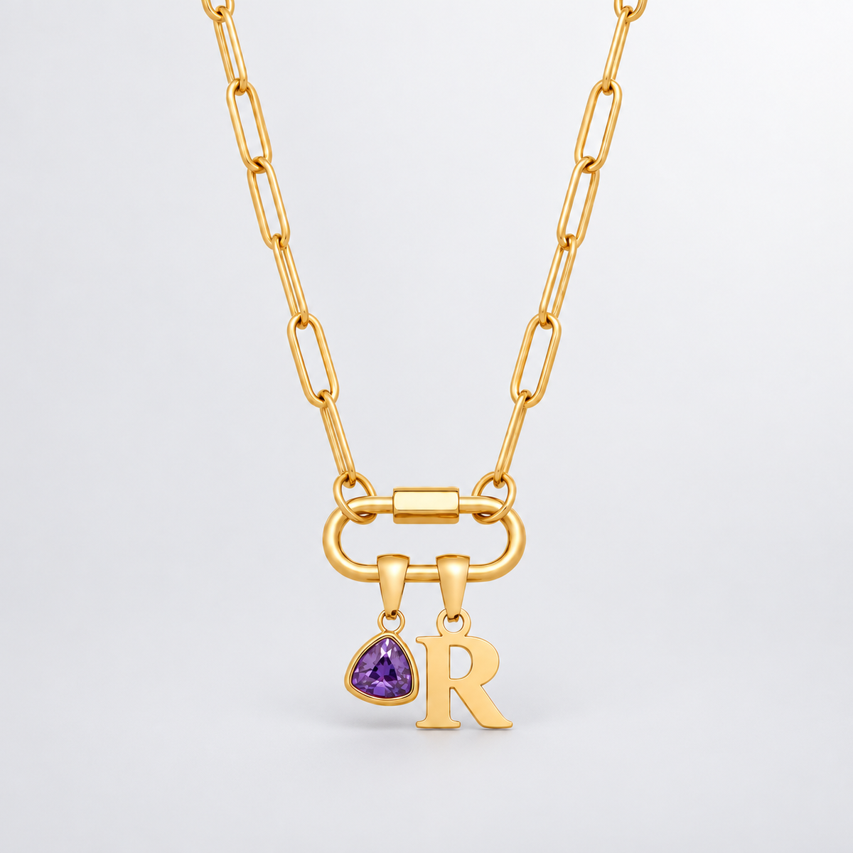 Collier Pendentif Mousqueton Avec Initiale et Pierre de Naissance