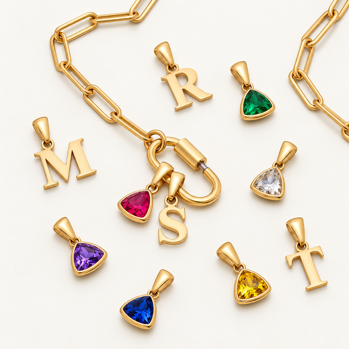 Collier Pendentif Mousqueton Avec Initiale et Pierre de Naissance
