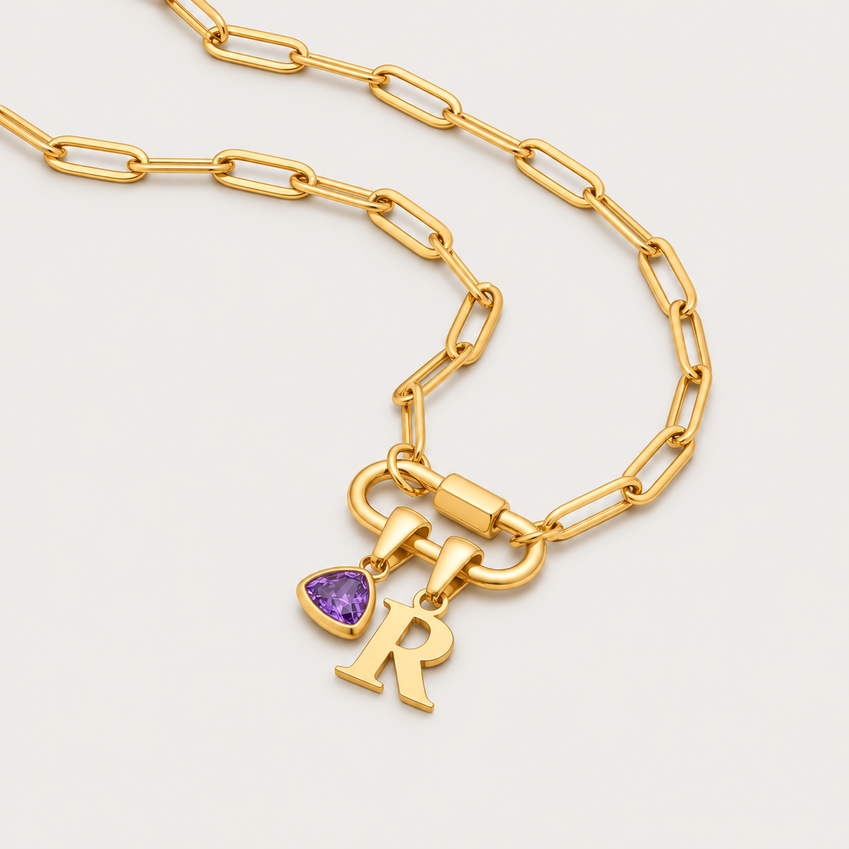 Collier Pendentif Mousqueton Avec Initiale et Pierre de Naissance