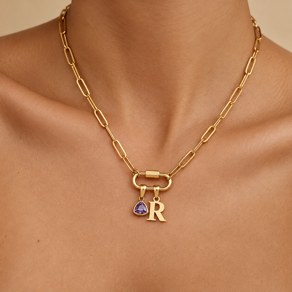 Collier Pendentif Mousqueton Avec Initiale et Pierre de Naissance