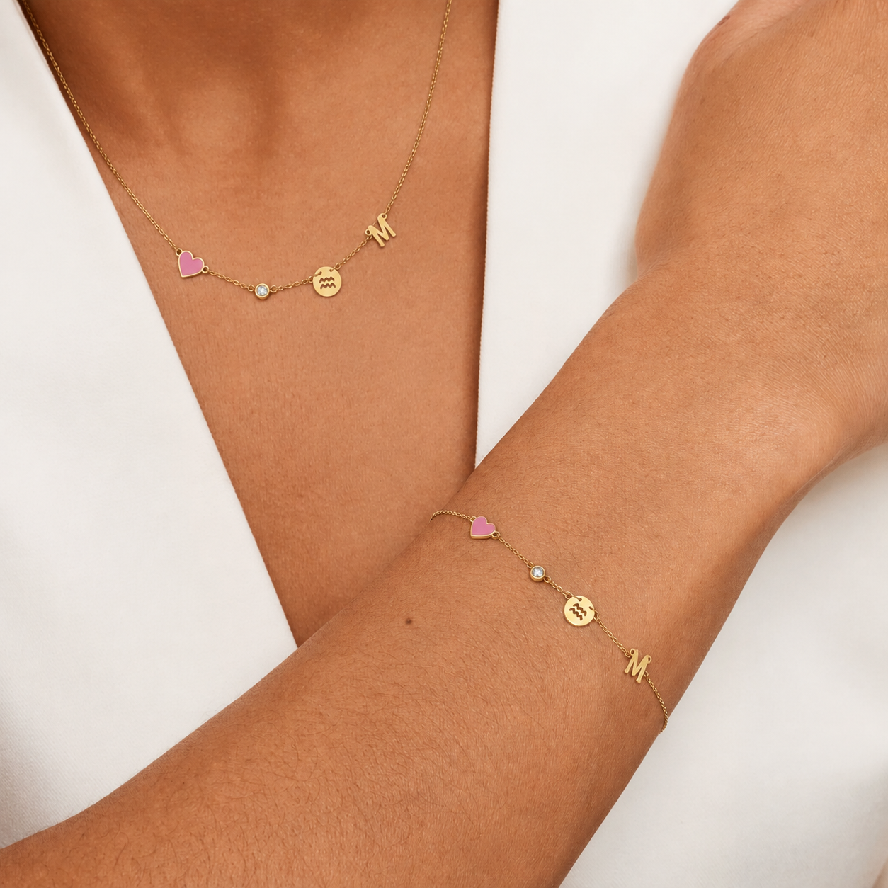 Parure Cœur avec pierre de naissance et signe du zodiaque