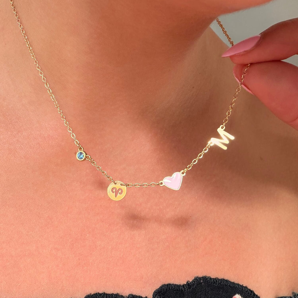 Initial Heart Necklace with Birthstone and Zodiac Sign