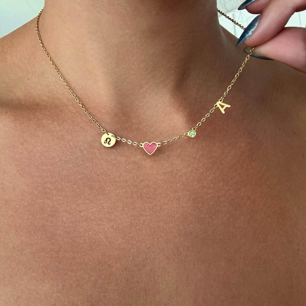 Initial Heart Necklace with Birthstone and Zodiac Sign