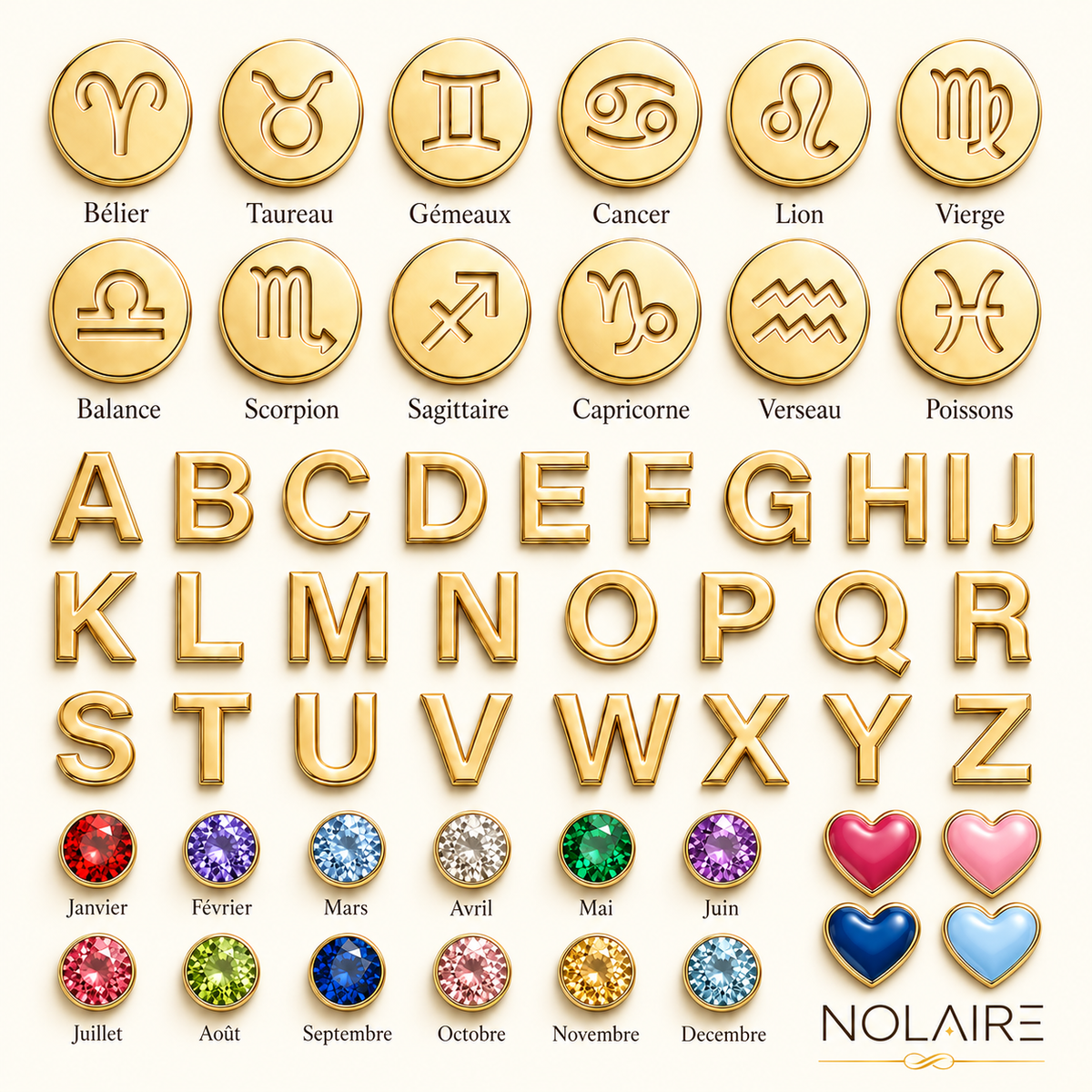 Bracelet avec initiale, pierre de naissance et signe du zodiaque