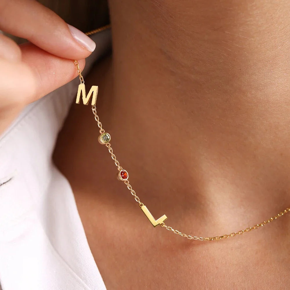 Custom Sideway Initial Birthstone Necklace