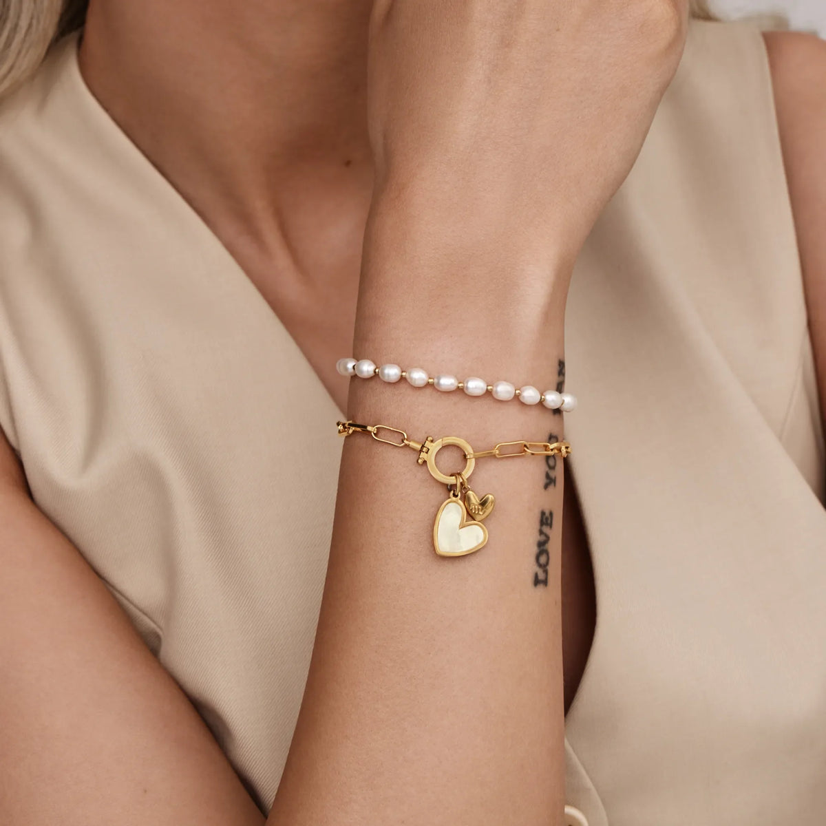 Bracelet duo cœur initial à maillons trombone